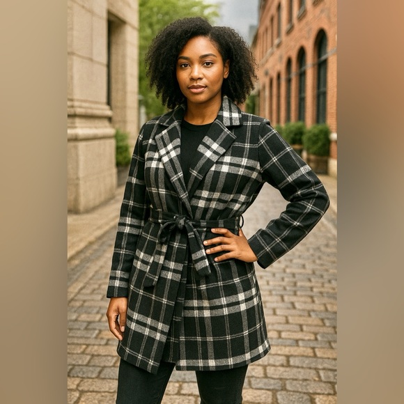 Passion Long Slv Belted Plaid Woven Jacket - Picture 1 of 9